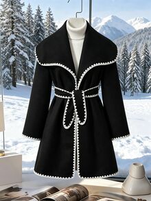 SHEIN Tween Girl Long Sleeve Fleece Fall Clothes Fall Contrast Trim Oversized Lapel Waist-Cinching Overcoat, Premium Vintage Style - Black - View 5