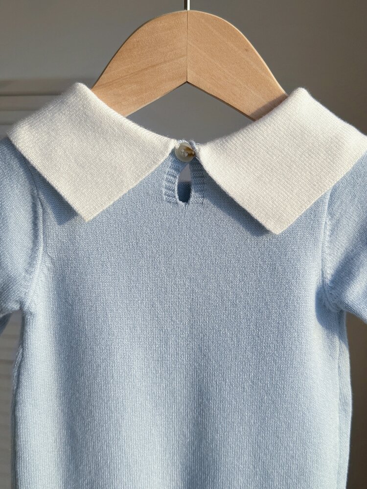 SHEIN Baby Boy Contrast Color Lapel Long Sleeve Casual Knit Romper Autumn Fall - Dusty Blue - View 7