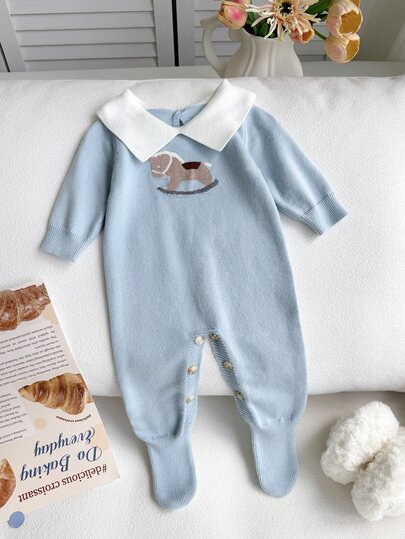 SHEIN Baby Boy Contrast Color Lapel Long Sleeve Casual Knit Romper Autumn Fall