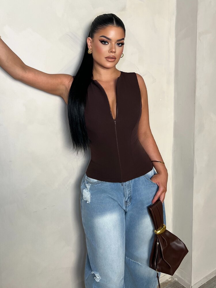 Dayanna Comas Blazer Vest Wanita Warna Cokelat Tua Kasual Chic Musim Panas/Kantor, Ide untuk Kedatangan Baru - Coffee Brown - View 6