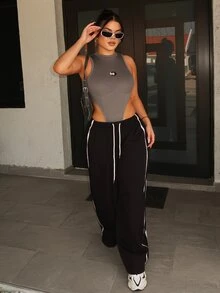 Dayanna Comas Letter Patched Detail Mock Neck High Cut Tank Summer Bodysuit - Grey - View 5