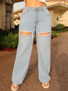Dayanna Comas Single Button Cut Out Ripped Frayed Wide Leg Jeans - Light Wash - View 3