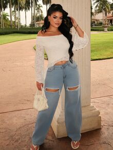 Dayanna Comas Single Button Cut Out Ripped Frayed Wide Leg Jeans - Light Wash - View 5