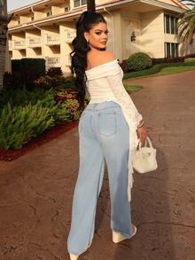 Dayanna Comas Single Button Cut Out Ripped Frayed Wide Leg Jeans - Light Wash - View 2
