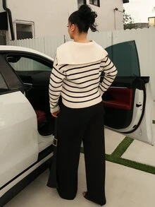 Dayanna Comas Atasan Pullover Lengan Panjang Bergaris Kasual untuk Musim Gugur - Hitam dan Putih - View 2