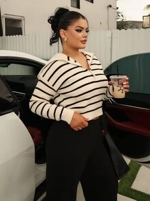 Dayanna Comas Atasan Pullover Lengan Panjang Bergaris Kasual untuk Musim Gugur - Hitam dan Putih - View 5