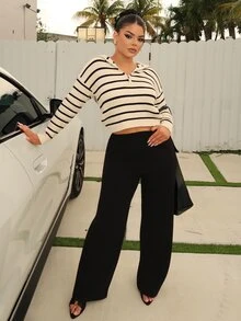 Dayanna Comas Atasan Pullover Lengan Panjang Bergaris Kasual untuk Musim Gugur - Hitam dan Putih - View 6