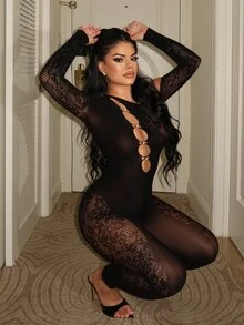 Dayanna Comas Sexy Hollow Out Bodycon Asymmetric Neck Jumpsuit - Black - View 6