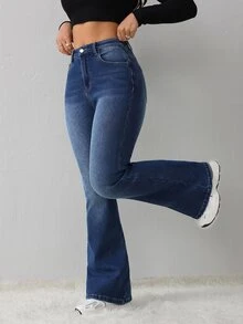 Teen Girl Y2k Deep Blue Wool-Bottomed Warm And Elastic Stretch Bootcut Jeans For Autumn And Winter - Blue - View 4