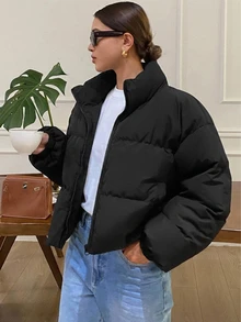 Dazy Kids Stand Collar Loose Fit Autumn/Winter Padded Coat Thick Solid Color Short Padded Coat For Teen Girls - Black - View 9