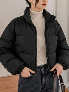 Dazy Kids Stand Collar Loose Fit Autumn/Winter Padded Coat Thick Solid Color Short Padded Coat For Teen Girls - Black - View 5