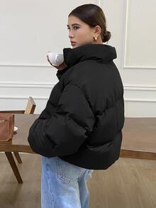 Dazy Kids Stand Collar Loose Fit Autumn/Winter Padded Coat Thick Solid Color Short Padded Coat For Teen Girls - Black - View 2