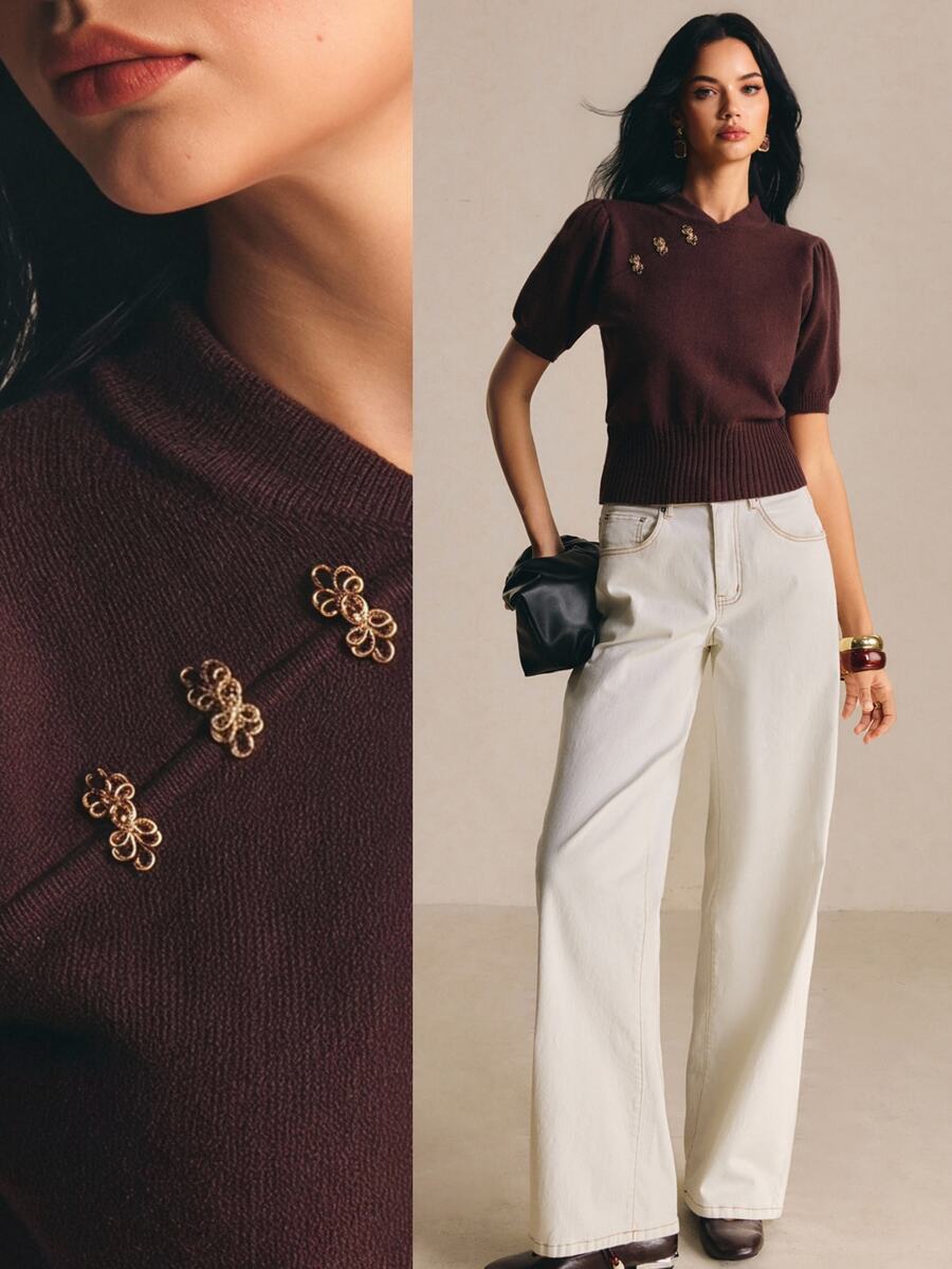 Poéselle Women's Elegant Knit Sweater Top For Women – Short Sleeve Slim Fit Pullover With Decorative Brooch Detail Fall/Winter Going Out Outfit Brown Top