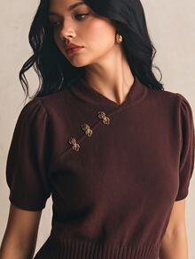 Poéselle Women's Elegant Knit Sweater Top For Women – Short Sleeve Slim Fit Pullover With Decorative Brooch Detail Fall/Winter Going Out Outfit Brown Top - Grey - View 3
