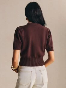 Poéselle Women's Elegant Knit Sweater Top For Women – Short Sleeve Slim Fit Pullover With Decorative Brooch Detail Fall/Winter Going Out Outfit Brown Top - Grey - View 6