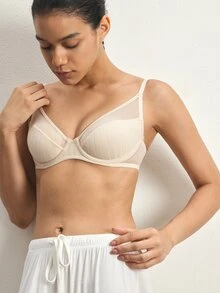 Ocili 2pcs Thin Mesh Patchwork Sexy Style Lingerie, Large Bust Minimizing & Slimming, Pure Cotton No Padding Underwire Push-Up Lift & Anti-Sagging Bra - Multicolor - View 7