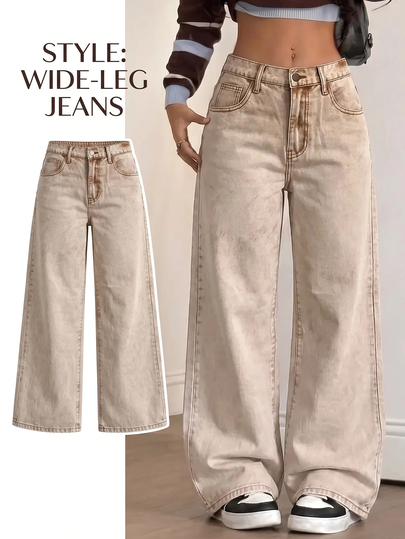 SHEIN Teen Girl Fashion Casual Y2k Soft Khaki Loose And Comfortable Wide-Leg Jeans Black To School