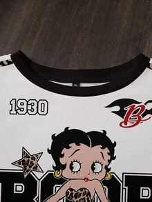 Betty Boop x SHEIN Plus Size Round Neck Sweatshirt All-Over Print Fall - White - View 4