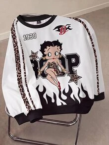 Betty Boop x SHEIN Plus Size Round Neck Sweatshirt All-Over Print Fall - White - View 1