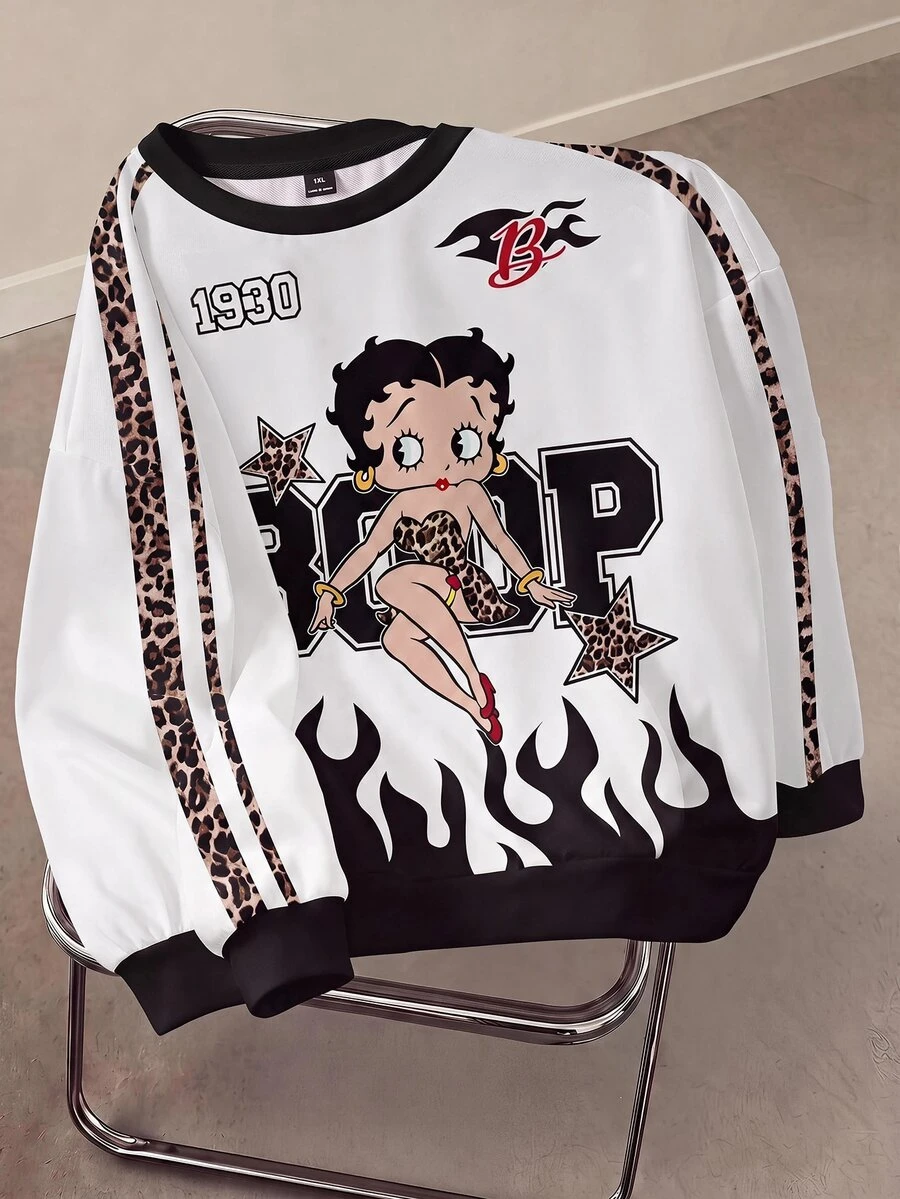 Betty Boop x SHEIN Plus Size Round Neck Sweatshirt All-Over Print Fall - White - View 1