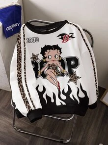 Betty Boop x SHEIN Plus Size Round Neck Sweatshirt All-Over Print Fall - White - View 3