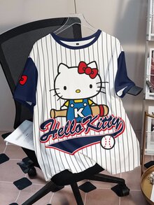 HELLO KITTY AND FRIENDS | SHEIN Plus Size Women's Striped Print Round Neck Short Sleeve Casual Cowboy Dressy T-Shirt Birthday Vacation White Summer - White - View 3