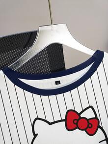 HELLO KITTY AND FRIENDS | SHEIN Plus Size Women's Striped Print Round Neck Short Sleeve Casual Cowboy Dressy T-Shirt Birthday Vacation White Summer - White - View 4