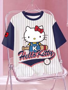 HELLO KITTY AND FRIENDS | SHEIN Plus Size Women's Striped Print Round Neck Short Sleeve Casual Cowboy Dressy T-Shirt Birthday Vacation White Summer - White - View 1