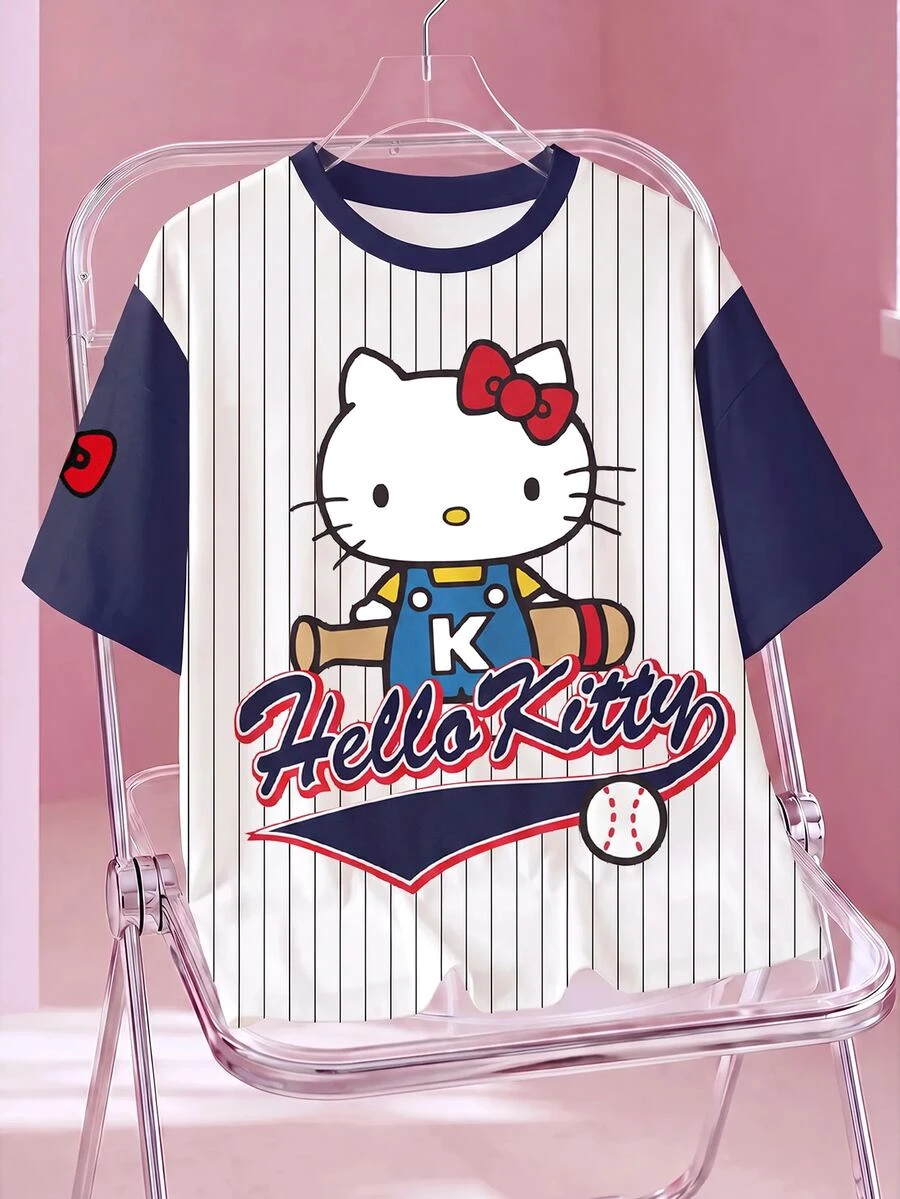 HELLO KITTY AND FRIENDS | SHEIN Plus Size Women's Striped Print Round Neck Short Sleeve Casual Cowboy Dressy T-Shirt Birthday Vacation White Summer - White - View 1