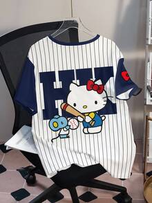 HELLO KITTY AND FRIENDS | SHEIN Plus Size Women's Striped Print Round Neck Short Sleeve Casual Cowboy Dressy T-Shirt Birthday Vacation White Summer - White - View 2