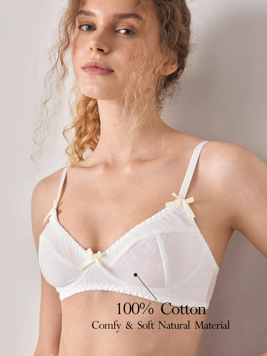 Ocili 100% Pure Cotton Woven Ruched Lace Comfortable Women's Patchwork Mini Bow Decor Bra - White - View 1