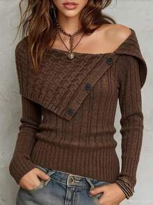 LUMIGAL Women's Solid Color Asymmetric Collar Button Design Long Sleeve Sweater Dinner Date Chocolate Brown Autumn Casual Elegant - Brown - View 4