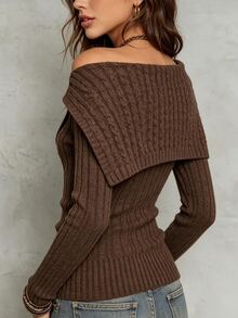 LUMIGAL Women's Solid Color Asymmetric Collar Button Design Long Sleeve Sweater Dinner Date Chocolate Brown Autumn Casual Elegant - Brown - View 3