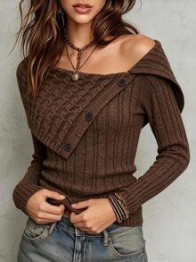 LUMIGAL Women's Solid Color Asymmetric Collar Button Design Long Sleeve Sweater Dinner Date Chocolate Brown Autumn Casual Elegant - Brown - View 5