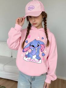 (1件)青少年女孩可愛卡通兔子愛心星星 LOVELY 印花長袖衛衣，清新時尚簡約休閒可愛粉色秋季日常上學上衣 - 粉色 - 查看 3