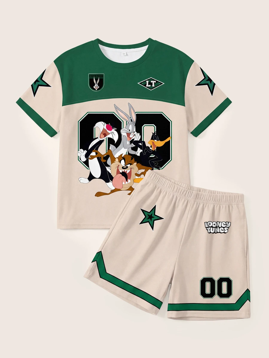 LOONEY TUNES X SHEIN Tween Boy Cartoon Print Crew Neck T-Shirt And Casual Shorts Set - White - View 1
