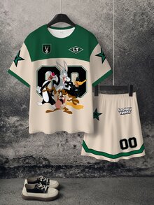 LOONEY TUNES X SHEIN Tween Boy Cartoon Print Crew Neck T-Shirt And Casual Shorts Set - White - View 3