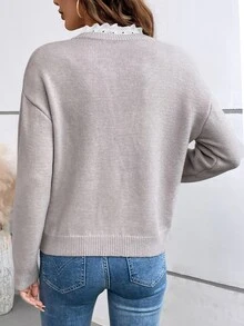 SHEIN Orluneo 优雅法式浪漫荷叶边圆领女式毛衣，针织套头衫，秋冬款 - 咖啡棕 - 查看 2