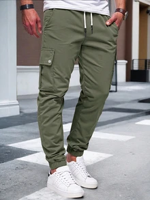 Manfinity CasualCool 男士成熟休閒純色軍綠色多口袋工裝束口休閒褲 - 軍綠色 - 查看 3
