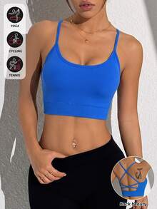 SHEIN Sovereign Charm 肩帶露背休閒極簡運動內衣，適合健身 - 寶藍色 - 查看 2
