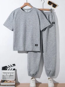 SHEIN 青少年男孩 2件組休閒基礎款灰色紋理布料短袖T恤與長褲，適合返校與外出穿著 - 灰色 - 查看 2