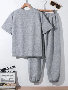 SHEIN 青少年男孩 2件組休閒基礎款灰色紋理布料短袖T恤與長褲，適合返校與外出穿著 - 灰色 - 查看 3