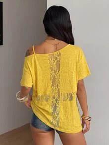 Coolane 女款夏季街頭風休閒純色返校外出度假嘻哈棉質黃色對比蕾絲不對稱領口T恤 - 黃色 - 查看 6