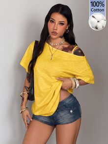 Coolane 女款夏季街頭風休閒純色返校外出度假嘻哈棉質黃色對比蕾絲不對稱領口T恤 - 黃色 - 查看 2