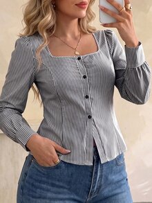 Elegantrix Women's Plus Size Autumn 1pc Square Neck Pleated Ruched Waist Vertical Striped Blouse, French Petal Sleeve Slim Fit Flattering Commute Long Sleeve Top - Multicolor - View 2