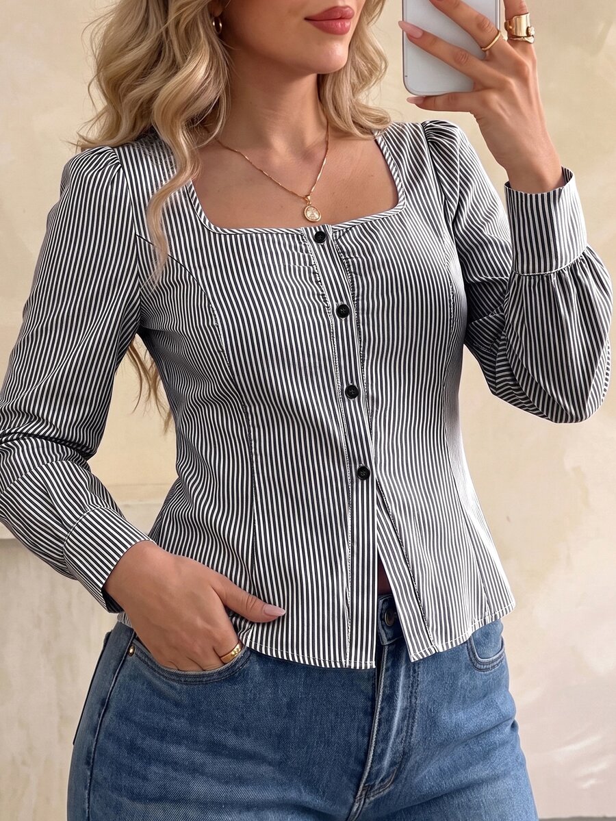 Elegantrix Women's Plus Size Autumn 1pc Square Neck Pleated Ruched Waist Vertical Striped Blouse, French Petal Sleeve Slim Fit Flattering Commute Long Sleeve Top
