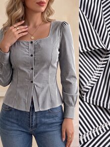 Elegantrix Women's Plus Size Autumn 1pc Square Neck Pleated Ruched Waist Vertical Striped Blouse, French Petal Sleeve Slim Fit Flattering Commute Long Sleeve Top - Multicolor - View 6
