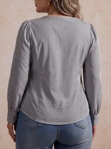 Elegantrix Women's Plus Size Autumn 1pc Square Neck Pleated Ruched Waist Vertical Striped Blouse, French Petal Sleeve Slim Fit Flattering Commute Long Sleeve Top - Multicolor - View 4