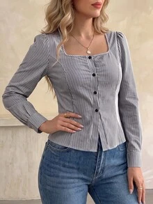 Elegantrix Women's Plus Size Autumn 1pc Square Neck Pleated Ruched Waist Vertical Striped Blouse, French Petal Sleeve Slim Fit Flattering Commute Long Sleeve Top - Multicolor - View 5