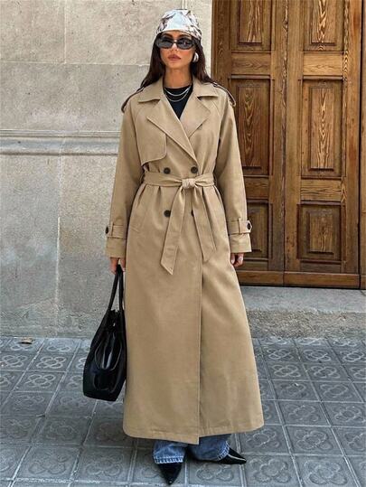 Aloruh Women's Casual French Elegant Vintage Tie Waist Khaki Long Trench Coat,Winter Street Style, Winter Outfit,Oversized Windbreaker,Button Front Cardigan